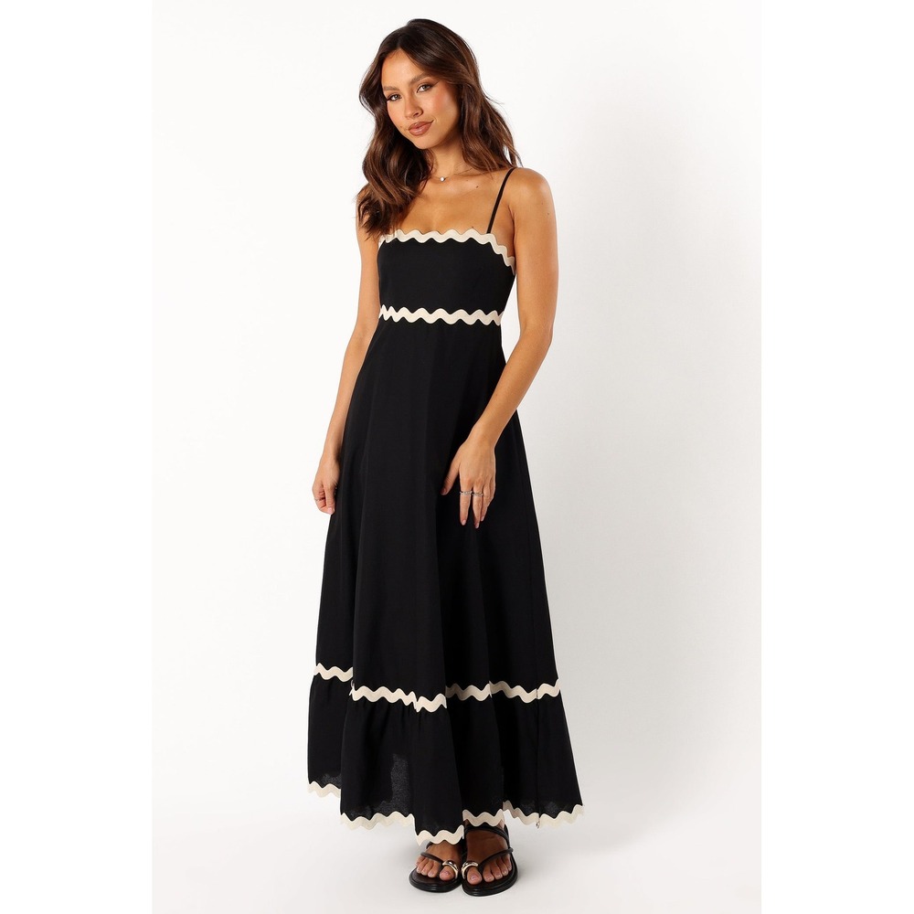 Petal and Pup Yana Maxi Dress Black Cream Strappy Scalloped Trim Vacation - Picture 2 of 7